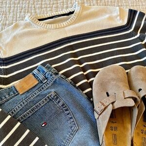 Izod Gray, Cream, & Navy Striped Crewneck Preppy Fisherman’s Sweater XL